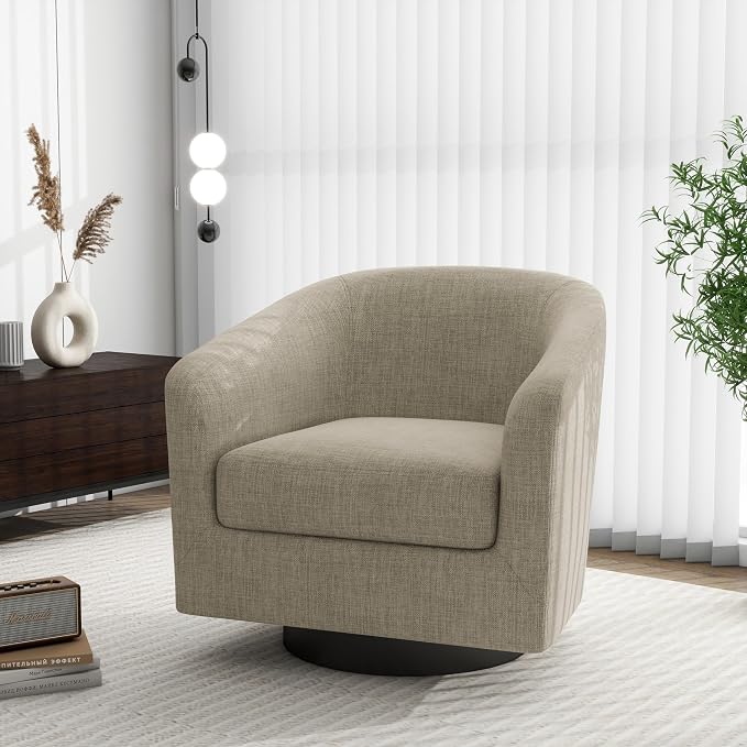 Swivel Barrel Accent Chair, Modern Round Linen Arm Chair for Living Room, Bedroom, Comfy Club Reading Chairs for Adults(Linen Fabric, Light Brown, Set of 2