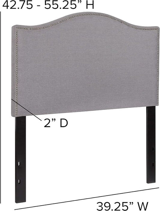 EMMA + OLIVER Upholstered Twin Size Headboard with Nailtrim in Light Gray Fabric