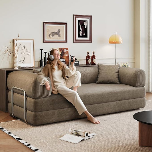JINGLING 79" Queen Sleeper Sofa Bed with Memory Foam, Compressed Couch in a Box, Foldable Convertible Small Couches for Small Spaces Bedroom Game Room, Corduroy Fabric, Camel