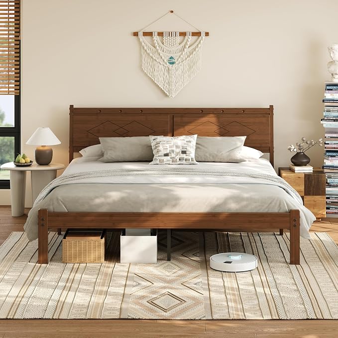 RLDVAY 14 Inch Bamboo Bed Frame King, King Size Platform Bed Frame with Headboard, Solid Bamboo Wood King Bed Frame, Mid Century/Modern/Metal Slat/Walnut/No Box Spring Needed