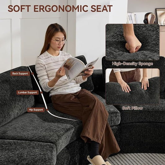 WUTUTUEE Curved Round Boneless Sofa, Oversized Modular Sectional Sofa with Deep Seat, Chenille Memory Foam Sofa with Pillows, Upholstered Comfy 2 Middle Seat Couch for Living Room, Black