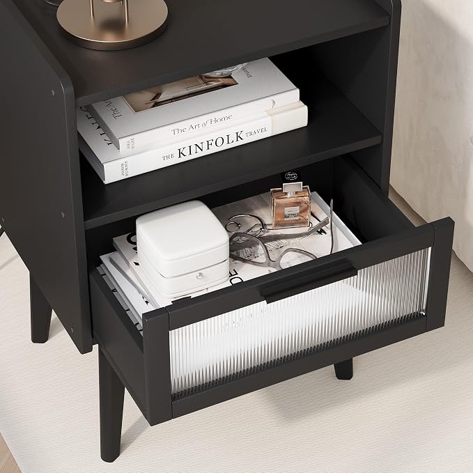MMEOLUOOK Nightstand with Charging Station, Bedside Tables, End Table Side Table with 2 Tiers Storage Space, for Bedroom, Living Room, Black CAMLBZ07BE