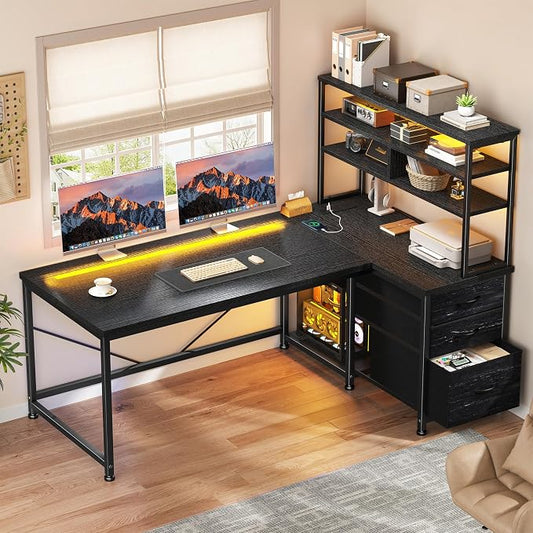 DurayLoly L Shaped Gaming Desk with 3 Fabric Drawers & Shelves for Storage | Reversible Computer Desk with LED Lights, Power Outlet and PC Stand of Home Office Desk for Bedroom,Dorm,Gaming Room,Black