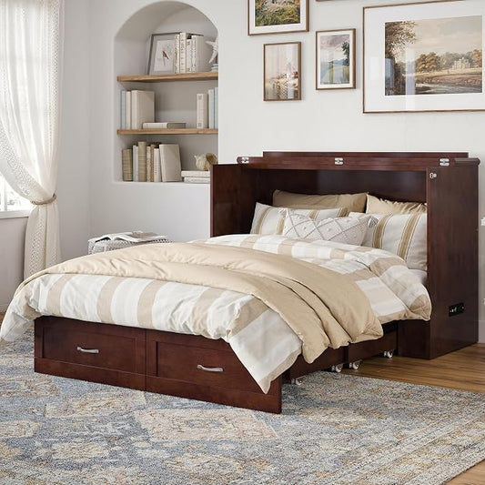 AFI Hamilton Full Murphy Bed Chest with Mattress, Storage, and Built-in Charger in Walnut
