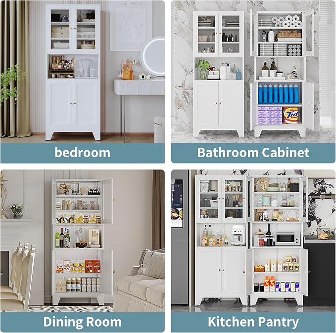 69" Tall Metal Pantry Cabinet with Microwave Stand,Microwave Storage Cabinet with 4 Doors & 3 Adjustable Shelves for Kitchen (4 Glass Doors-White, 13.78" D x 27.54" W x 68.9" H)