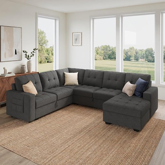HONBAY Modular Sectional Sleeper Sofa with Pull Out Bed, U Shaped Sleeper Couches with Storage Chaise, 114'' Sleeper Sectional Sofas for Living Room, Apartment (Dark Grey)
