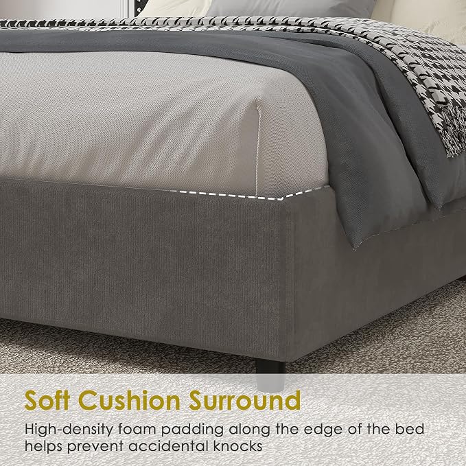 VECELO Full Size Upholstered Bed Frames with 4 Storage Drawers, Adjustable Velvet Rivet Decor Headboard, Wooden Slats Platform Support, No Box Spring Needed, Easy Assembly,Dark Grey