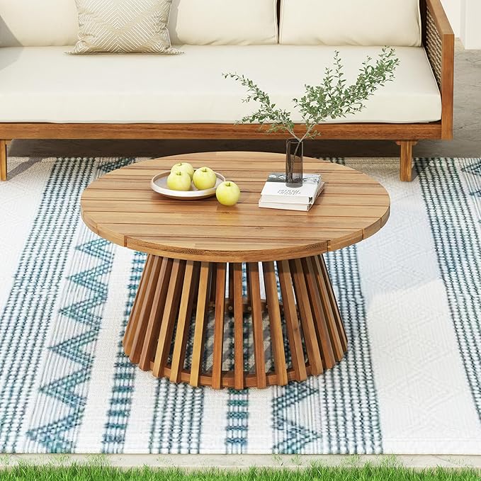 Merax Outdoor Acacia Wood Conversation Set - Patio 3-Seat Loveseat Sofa w/Coushion and Round Coffee Table for Backyard, Lawn, Balcony, Teak+Dark Gray