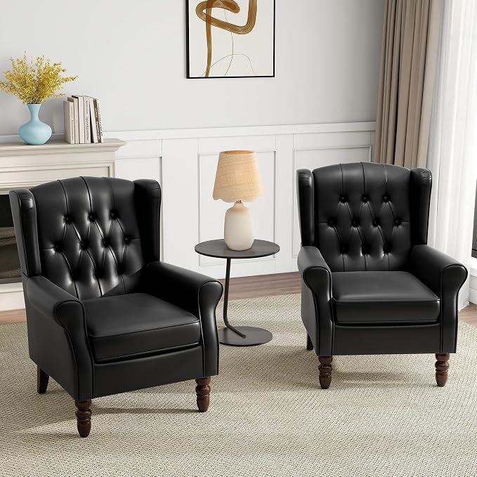 Mid-Century Modern Wingback Accent Chair - Luxe PU Faux Leather Upholstery with Solid Wood Legs, Ergonomic High Back Design - Water Resistant Living Room, Bedroom & Home Office Chair (Black)