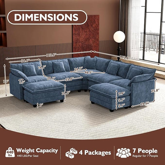 Ihanherry 114" V-Shaped Modern Sofa Modular Sectional Cloud Couch with 2 Ottoman, 7-Seat Chenille Deep Seat Sofa with Corner Section for Living Room, Bedroom and Apartment, Blue