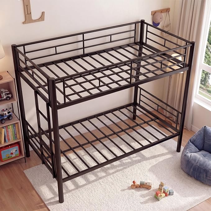 Bunk Bed Twin Over Twin, Metal Bunk Bed with Side Ladder and Safety Guardrail, Space-Saving Twin Bunk Beds for Kids, Teens & Adults, No Box Spring (Side Laddder, Black)