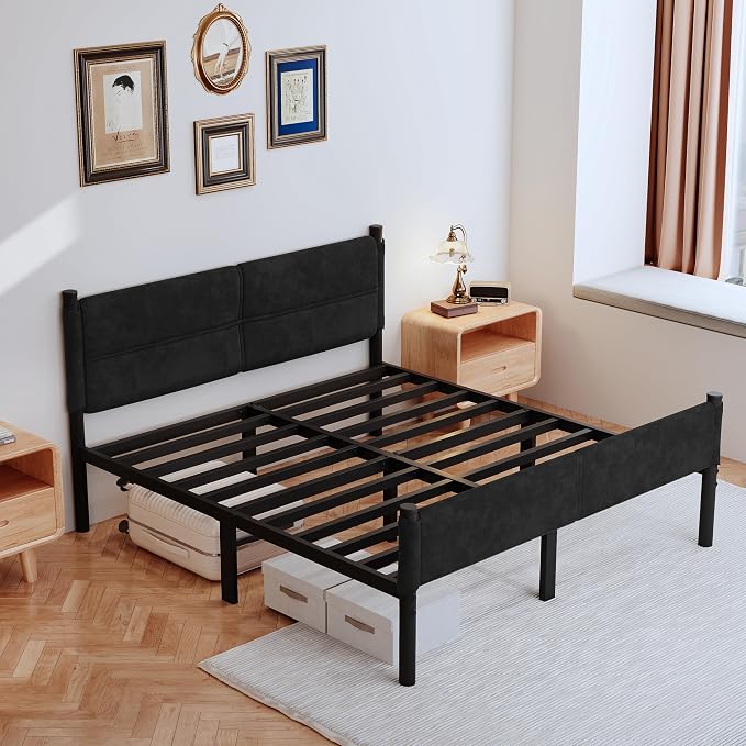 Metal Bed Frame,14Inch Queen Size Bed Frame with Storage Space,Heavy Duty Sturdy Mattress Foundation,Easy Assembly,No Box Spring Needed,Black Queen