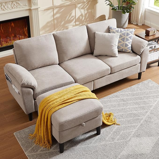 80" Convertible Sectional Sofa, Modern Linen Small L Shaped Couch with Reversible Chaise and Storage Ottoman, 3-Seat Sofa Couches for Living Room, Office, Apartment, Beige