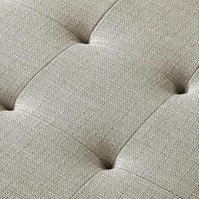 24KF Large Rectangular Upholstered Tufted Linen Fabric Ottoman Bench, Padded Bench with Solid Wood Shelf-Linen