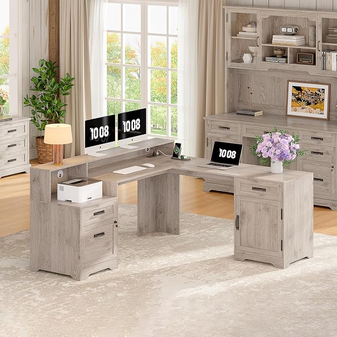 Whalefall 63'' Farmhouse L Shaped Desk with Monitor Stand Shelves, Gray | Corner Computer Desk with Drawers, Executive Home Office L Desk with File Cabinet Storage and Charging Station