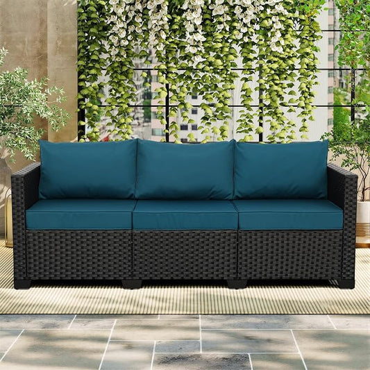 Rattan Star Outdoor Furniture Couch 3 Seater Sofa Outdoor Wicker Sofa Deep Seat High Backrest Patio Couch with Non-Slip Cushions Waterproof Cover, Peacock Blue