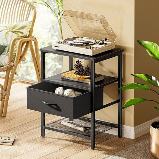 Huuger Night Stand with Fabric Drawer, Side Table with Mesh Shelf, Bedroom Nightstand, Fabric Drawer Dresser, Open Shelf, Metal Frame, Couch Side, Black