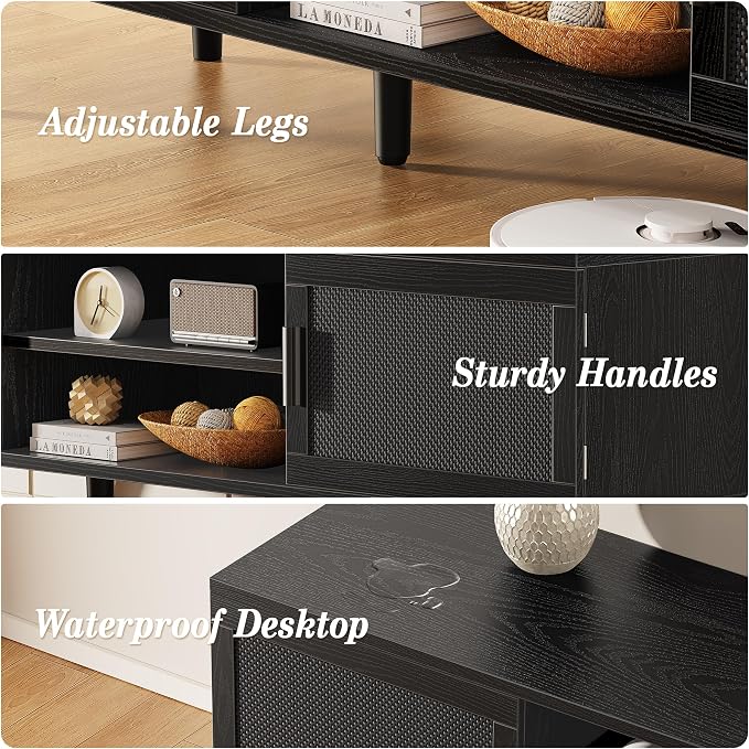 SUPERJARE TV Stand for 65 Inch TV, Entertainment Center with Adjustable Shelf, TV Console with 2 Cabinets, Media Console, Solid Wood Feet, 4 Cord Holes, for Living Room, Black