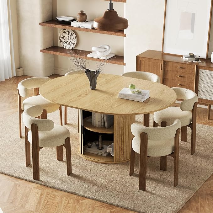 47''-63'' Extendable Round Dining Table for 4-6, Round Dining Room Table with Hidden Storage, Modern Wooden Kitchen Table with Fluted Sliding Door Cabinet for Dining Room Kitchen, Nature