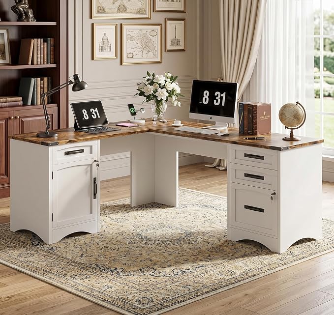 Decofy 67" Farmhouse L Shaped Standing Desk with Drawers Home Office Executive Desks with Fast Charging Station, Lockable File Cabinet, Wood Writing Computer Desk for Work, Study, White