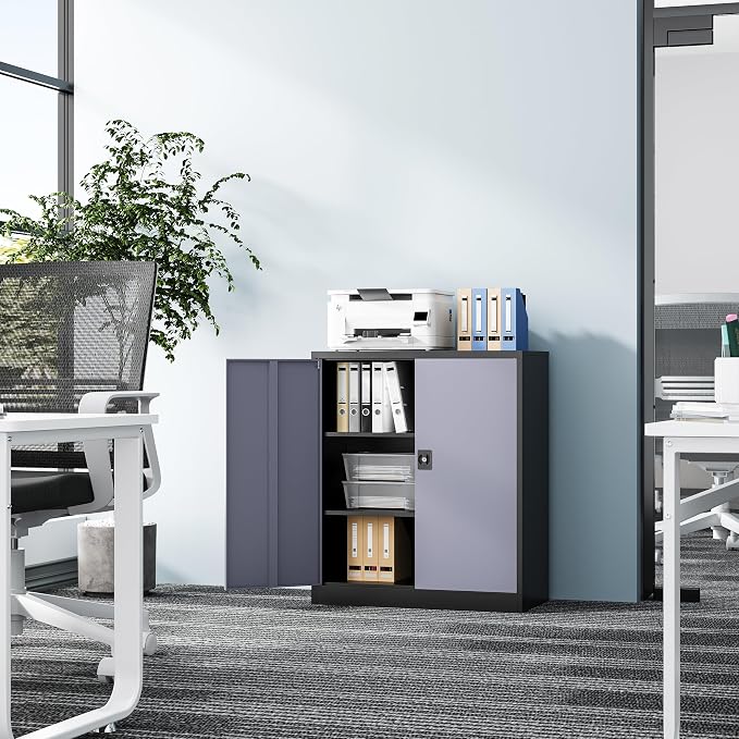 Fesbos Metal Storage Cabinet-36” Tall Steel File Cabinets with Lockable Doors and Adjustable Shelves-Black&Gray Steel Storage Cabinet for Home Office, School, Garage