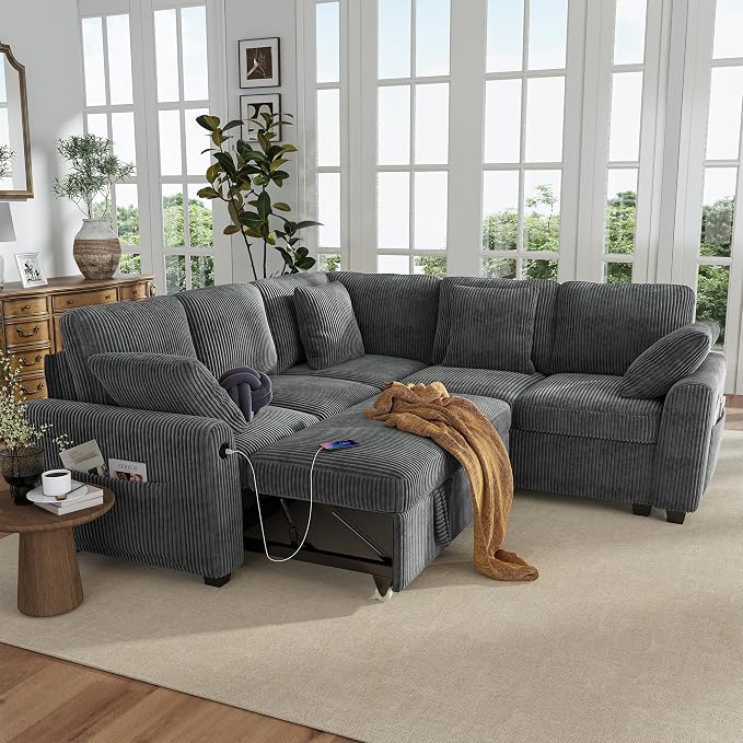 Hanherry Sectional Couch with Pull Out Sofa Bed,Corduroy Sleeper Sofa with 2 Seat Storage & USB Charging,Comfy L Shaped Modular Couches for Living Room,Apartment