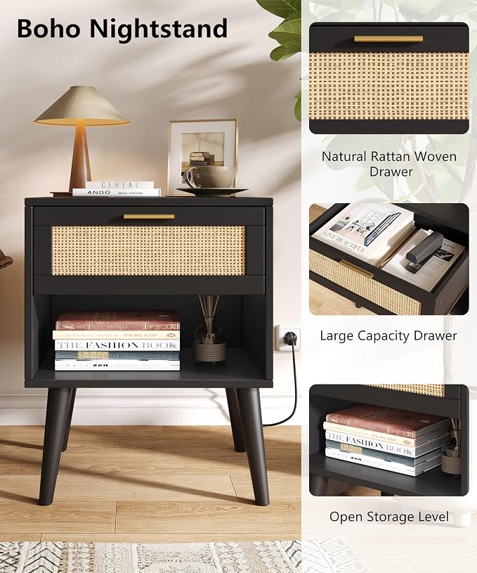 Keehusux Rattan Nightstands Set of 2, Night Stands with Charging Station & Drawer, Bedside Tables with Open Storage & Solid Wood Legs, Boho End Side Table for Bedroom, Black and Natural KES07BME02CTG