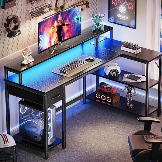 SUPERJARE 53 inch L Shaped Gaming Desk with LED Lights & Power Outlets, Reversible Computer Desk with Shelves & Monitor Stand, Corner Desk with Drawer, for Home & Office, Black