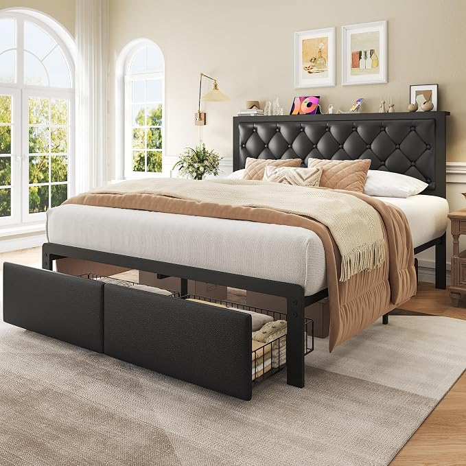 Fluest Queen Bed Frame with 2 Storage Drawers, Upholstered Headboard Button Tufted Bed Frame with Charging Station, No Box Spring Needed, Noise-Free, All Metal Structure, Black