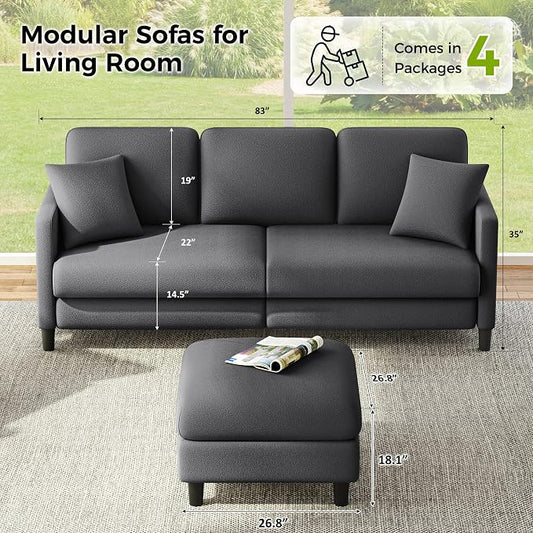 Welzona 83" Couches for Living Room, Teddy Sofa Couch with Storage Ottomans, U Shaped Couch with Movable Ottomans, Tool-Free Modular Sectional Sofa, All-Wood Sofas for Living Room 2 Pillows, Grey