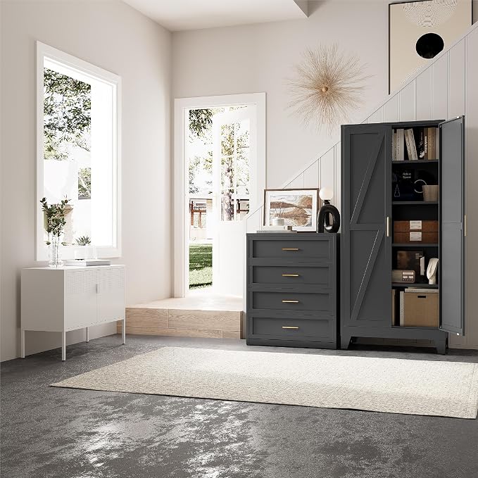 71”H Metal Kitchen Pantry Cabinet, Pantry Cabinets with 2 Doors and 4 Shelves, Kitchen Cabinet for Kitchen, Dining Room, Living Room and Bathroom, Black