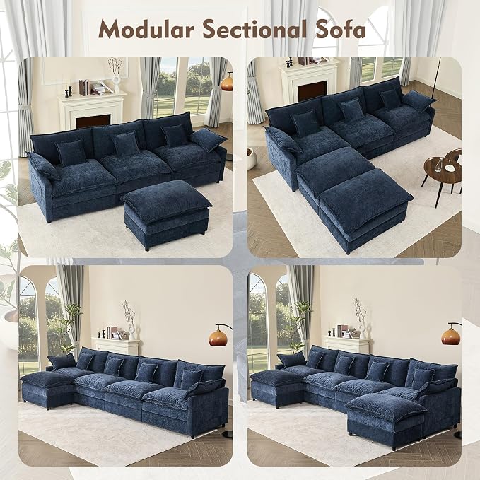 GOSUHI 108" U-Shaped Modular Cloud Couch, Deep Seat, Chenille Navy | Cloud Comfort, Couches for Living Room, Removable & Machine-Washable Covers, Movable Ottoman, Modular Sectional Sofa