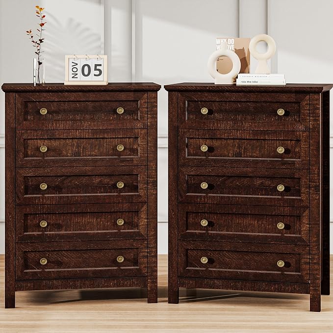 Farmhouse Dresser Nightstand Sets, 2-Piece Bedroom Furniture Set for Home | 5 Drawer Dresser Closet set of 2, Chest of Drawers for Bedroom, Living Room, Entryway, Dark Brown