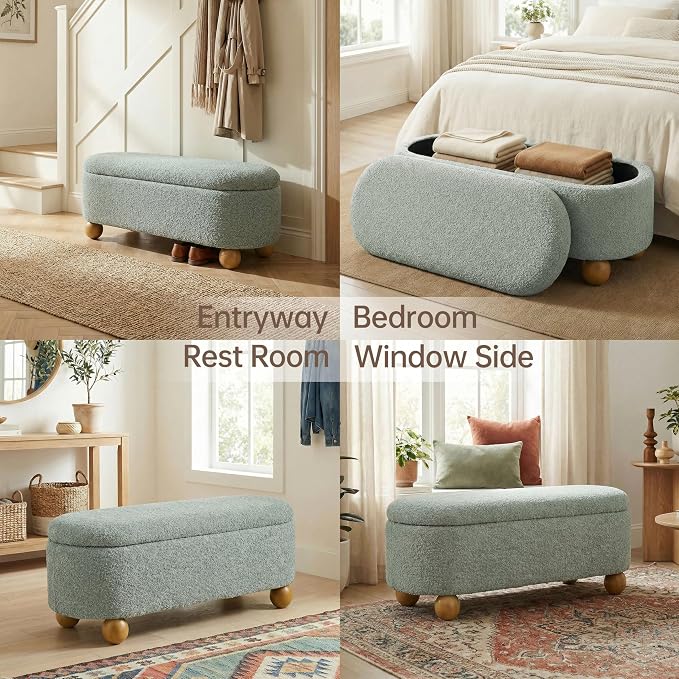 VKNOW 44.8" Storage Ottoman Bench End of Bed Bench, Thickened Upholstered Blanket Chest for Living Room, Entryway Bench with Cute Spherical Solid Wood Stool Legs for Bedroom, Light Green