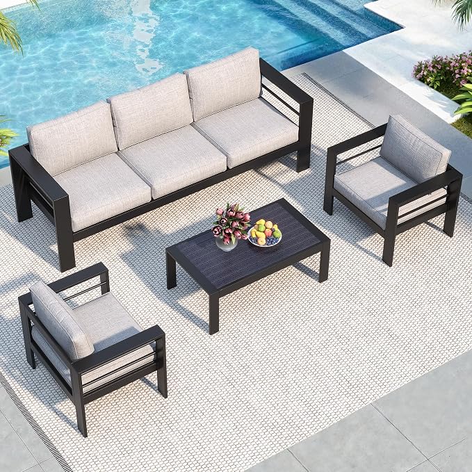Solaste Aluminum Patio Furniture Set for All Weather, Oversized Outdoor Furniture Set with 27.5" Deep Seating and 3.2" Wide Armrest, Outdoor Patio Conversation Sets with 5" Cushion,Black and Grey