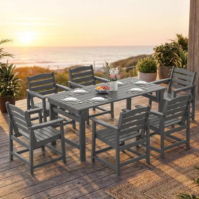 Furnimart Outdoor Dining Table for 4-6 Person, 67" HDPE All-Weather Dining Table with Umbrella Hole, Oversized Patio Dining Set, Outdoor Furniture for Backyard, Garden, Lawn & Poolside, Rectangle Grey