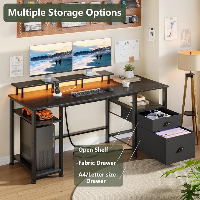 Furologee 61" Gaming Desk with Power Outlets & LED Lights, Reversible Computer Desk with File Cabinet & Monitor Stand for Home Office, Large Work Table with Storage Shelves & Drawer, Black