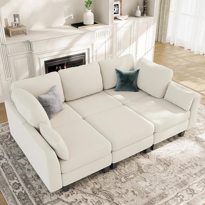 Sectional Sleeper Sofa, 6 Seaters Modular Sleeper Sofa Couch, Comfy Sectionals Couches Bed, Convertible Sofas with Ottomans, Modular Sectional Couches for Living Room, Beige