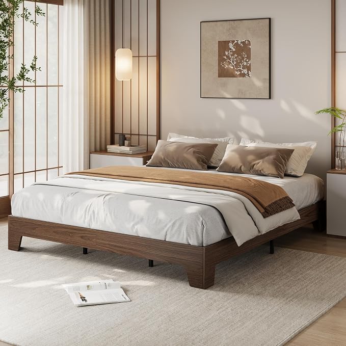 IDEALHOUSE Queen Size Wood Bed Frame,Platform Nature Bed with Strong Wooden Slats,No Box Spring Needed,Minimalist Bedroom Furniture,Contemporary Wooden Bed Frame,Easy Assembly