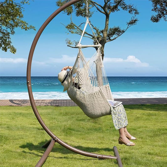 Lazy Daze Hammocks Chair Caribbean Hanging Rope Swing Chair, 40" Removable Steel Spreader Bar with Anti-Slip Rings, Soft-Spun Cotton Rope for Indoor/Outdoor Backyard & Living Room, Max 500 LBS, Beige