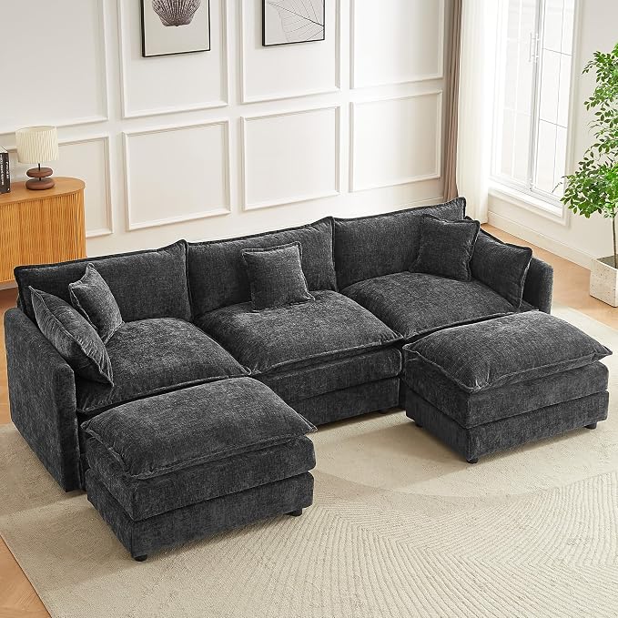 Modular Sectional Sofa, 112.2 Inch U Shaped Couch Set with Armrests, 3-Seater Comfy Cloud Couches with Movable Ottoman for Living Room Apartment, Grey