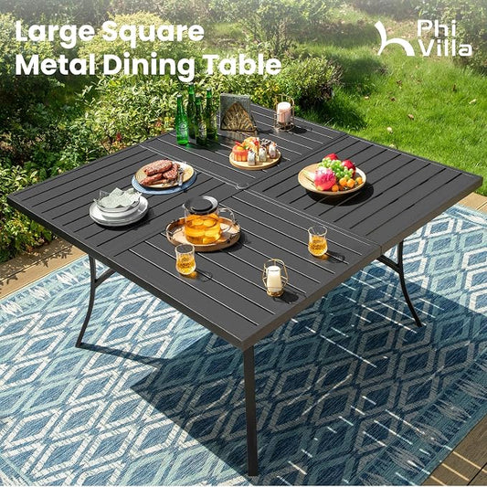PHI VILLA Outdoor Dining Set for 8, Swivel Mesh Chairs & Square Table,Brown | Textilene chairs and large 57.5'' metal table with umbrella hole. All-weather patio furniture set designed for patio, deck