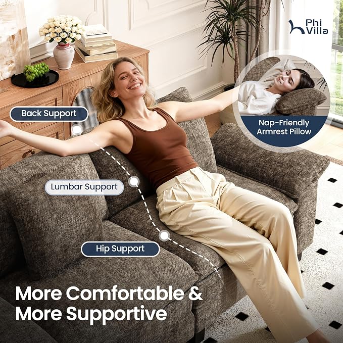 PHI VILLA Cloud Modular Couch Sets, 123.6" Sectional Sofa with L-Shaped Chaise, 4-Seater Upholstered Couches with Movable Ottoman for Living Room, Chenille Grayish Brown
