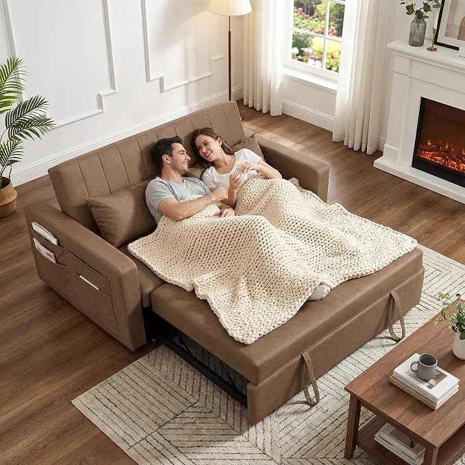 55'' Leather Sofa Bed, Pull Out Sleeper Sofa Couch Bed, Loveseat Sleeper, Futon Sofa Couch with Side Pocket, Convertible Sofa Bed for Living Room, Apartment, Bedroom, RV, Brown