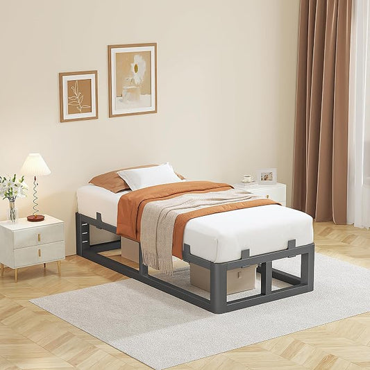14 Inch Twin Bed Frames with Rounded Corner and Headboard Hole, Metal Platform Bed Frames 6 Non-Slip Guards, 3500lbs Heavy Duty Steel Slat Support, Squeak Free, No Box Spring Needed, Black