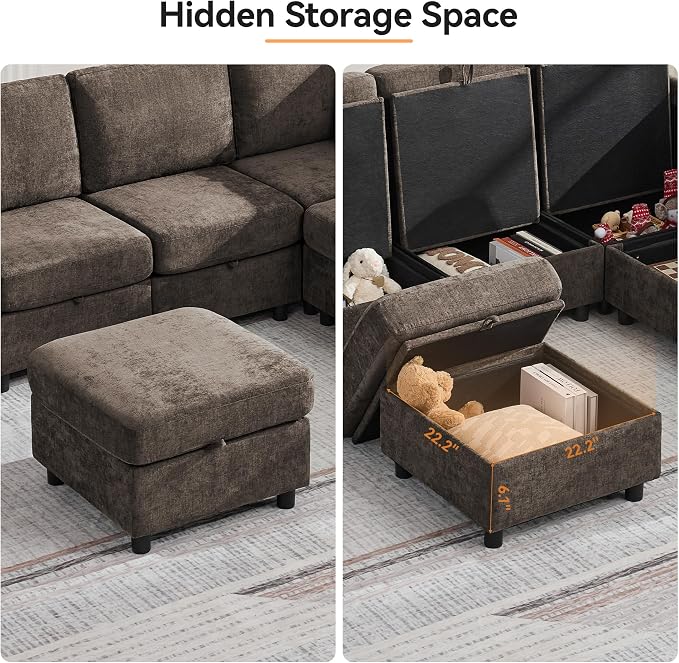 104'' V Shaped Modular Sofa, Sectional Couch with Storage for Living Room, Modern 7 Seater Cloud Sectional Couch with Movable Ottoman, Chenille Brown