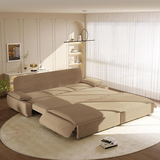 94.5'' Sleeper Sofa Bed King Size, Modern Corduroy Pull Out Couch, 3-in-1 Convertible Futon Sofa, 3 Seater Couches, Cloud Recliner, Pillow Arm, for Living Room, Apartment, RV, Offices, Camel