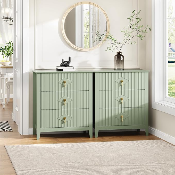 GarveeHome 2Pcs Wood Nightstand Fluted Dresser for Bedroom, 27.5" Wide 3-Drawer Bedside Tables, Modern Chest of Drawers, Storage End Table Living Room, Hallway, Entryway, Green