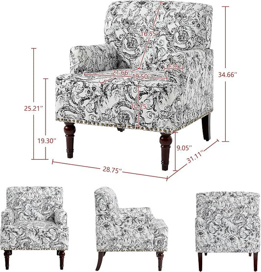 Accent Chair, Mid Century Modern Comfy Armchair for Living Room, Linen Fabric Single Sofa Lounge for Reading Bedroom Apartment Waiting Room with Wood Legs (Rococo Black, Set of 1)