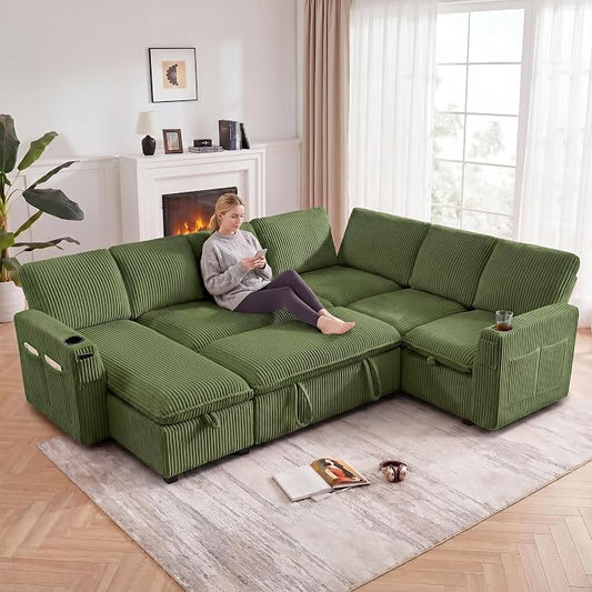 Sectional Sleeper Sofa with Pull Out Bed, Plush Corduroy 7 Seat Modular Sectional Sofa with Storage Chaise and Adjustable Backrest, Cloud Couches for Living Room, Apartment, Green